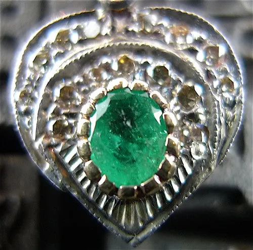 Estate 18K Gold, SIlver, Diamond and Emerald Heart Earrings