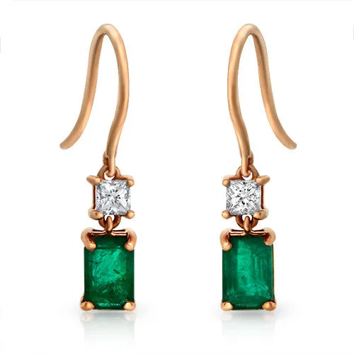 Exquisite Dangling Emerald-cut Earrings with accented of Princess Diamonds in18k Rose Gold