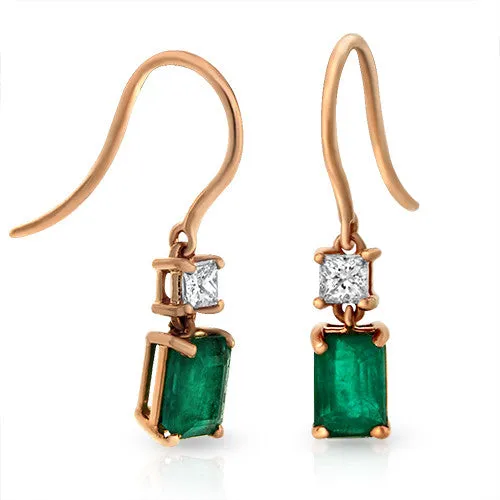 Exquisite Dangling Emerald-cut Earrings with accented of Princess Diamonds in18k Rose Gold
