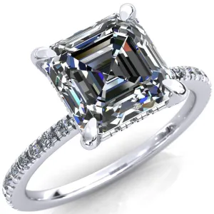 Ezili Asscher Moissanite 4 Claw Prong Micro Pave Diamond Sides Engagement Ring