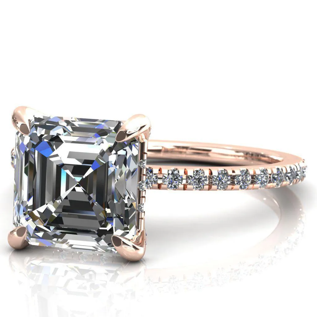 Ezili Asscher Moissanite 4 Claw Prong Micro Pave Diamond Sides Engagement Ring