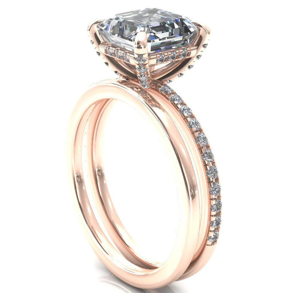 Ezili Asscher Moissanite 4 Claw Prong Micro Pave Diamond Sides Engagement Ring