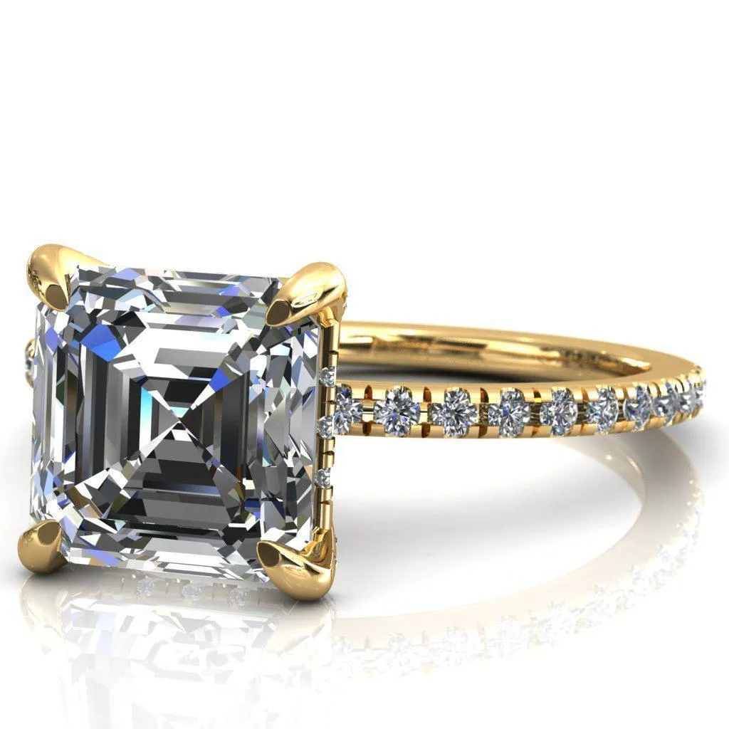 Ezili Asscher Moissanite 4 Claw Prong Micro Pave Diamond Sides Engagement Ring