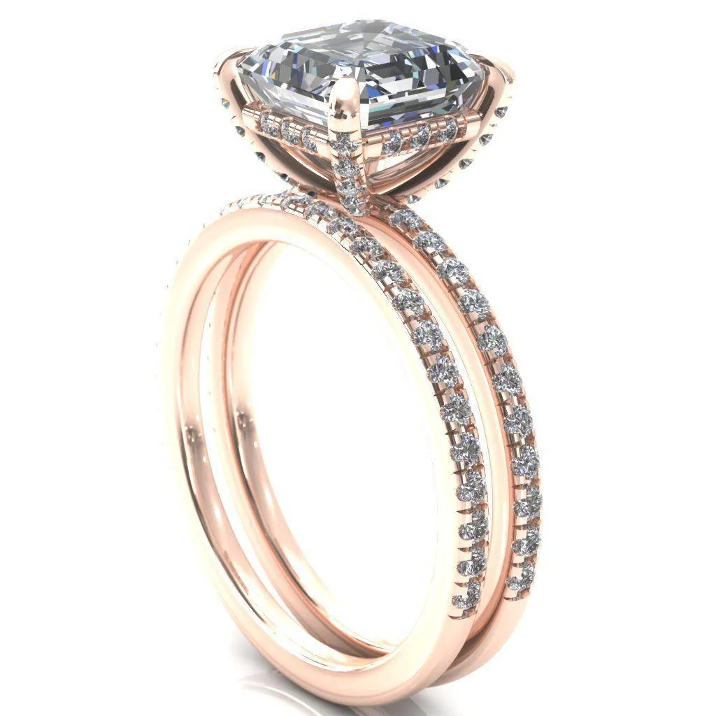 Ezili Asscher Moissanite 4 Claw Prong Micro Pave Diamond Sides Engagement Ring