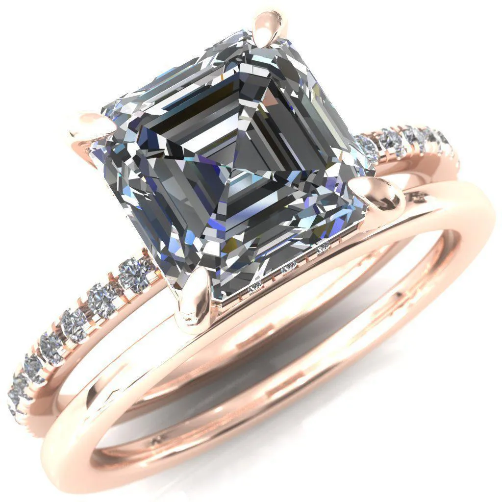 Ezili Asscher Moissanite 4 Claw Prong Micro Pave Diamond Sides Engagement Ring