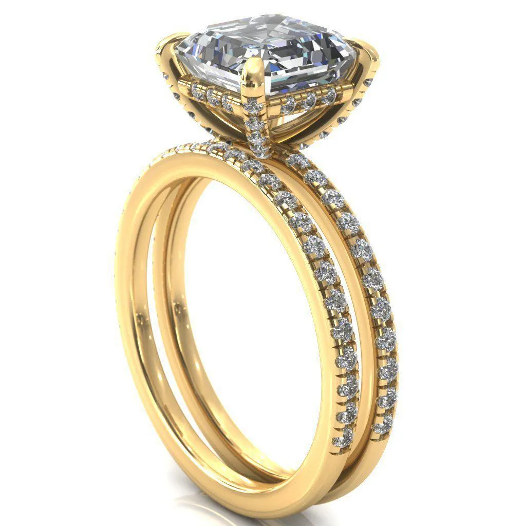 Ezili Asscher Moissanite 4 Claw Prong Micro Pave Diamond Sides Engagement Ring