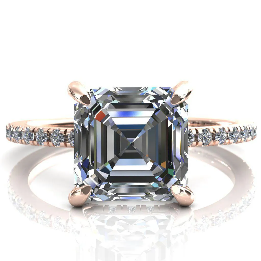 Ezili Asscher Moissanite 4 Claw Prong Micro Pave Diamond Sides Engagement Ring