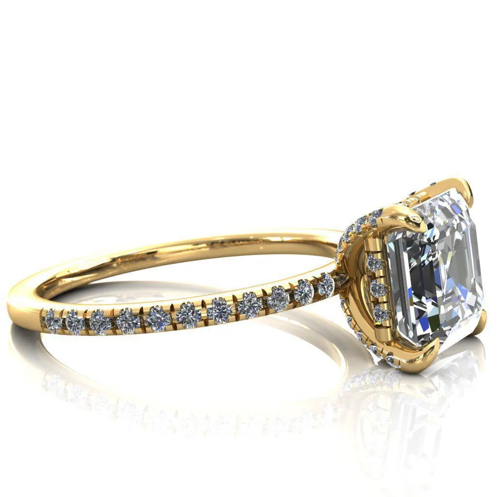 Ezili Asscher Moissanite 4 Claw Prong Micro Pave Diamond Sides Engagement Ring
