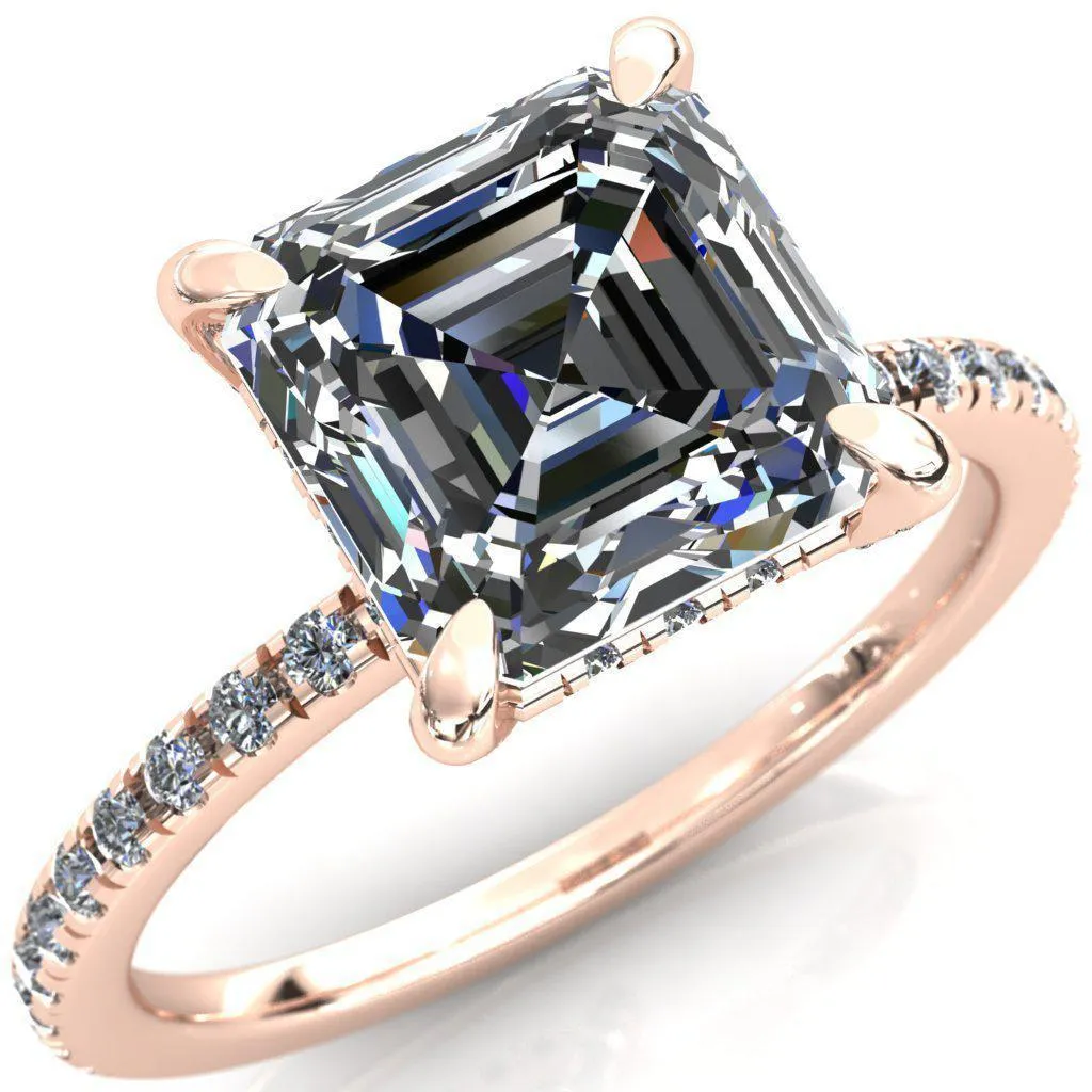 Ezili Asscher Moissanite 4 Claw Prong Micro Pave Diamond Sides Engagement Ring