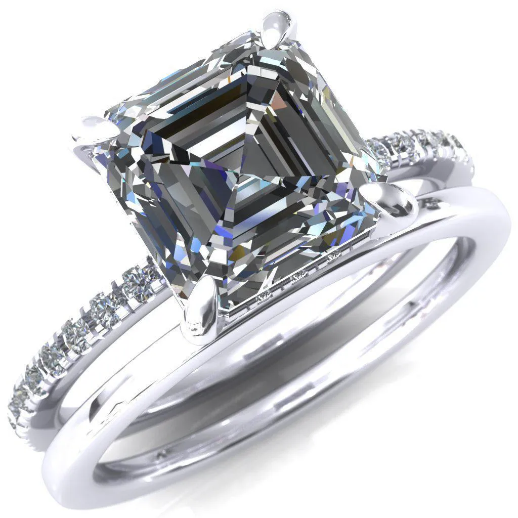Ezili Asscher Moissanite 4 Claw Prong Micro Pave Diamond Sides Engagement Ring