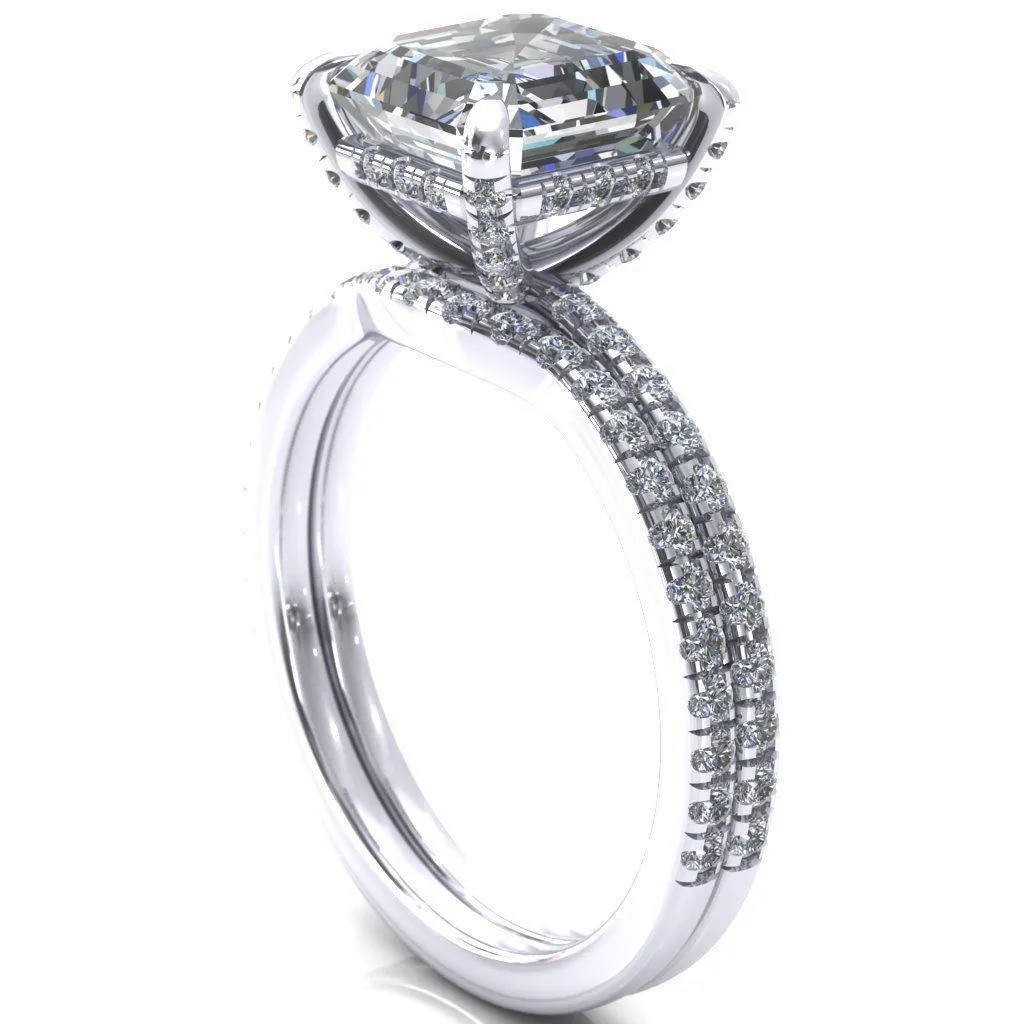 Ezili Asscher Moissanite 4 Claw Prong Micro Pave Diamond Sides Engagement Ring