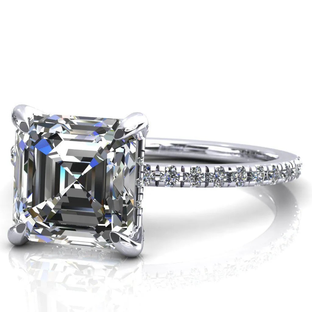 Ezili Asscher Moissanite 4 Claw Prong Micro Pave Diamond Sides Engagement Ring