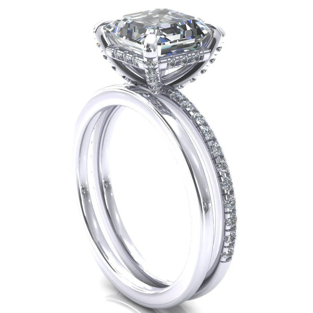 Ezili Asscher Moissanite 4 Claw Prong Micro Pave Diamond Sides Engagement Ring