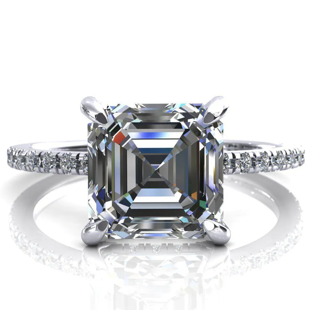 Ezili Asscher Moissanite 4 Claw Prong Micro Pave Diamond Sides Engagement Ring