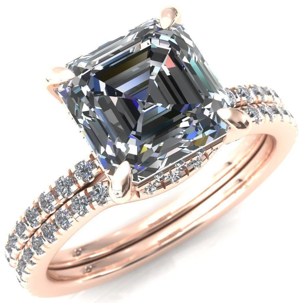Ezili Asscher Moissanite 4 Claw Prong Micro Pave Diamond Sides Engagement Ring