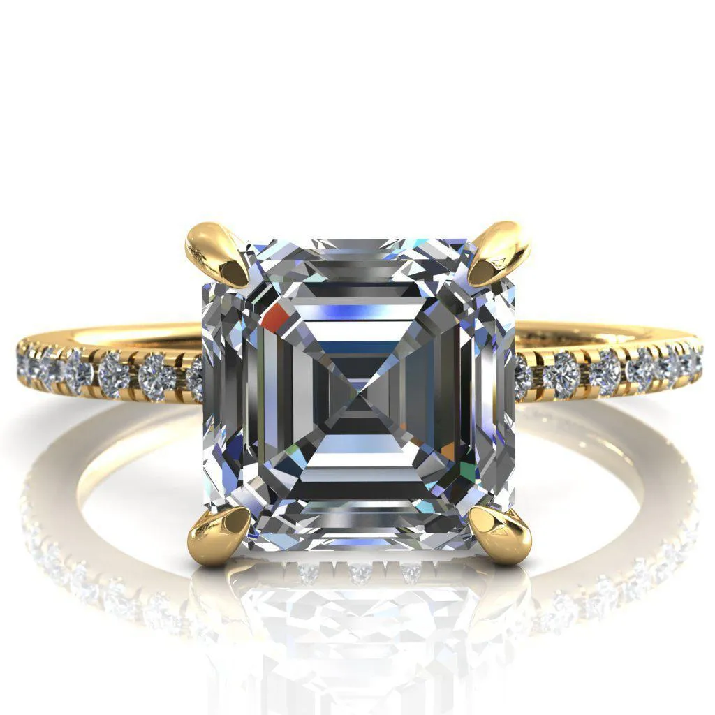 Ezili Asscher Moissanite 4 Claw Prong Micro Pave Diamond Sides Engagement Ring