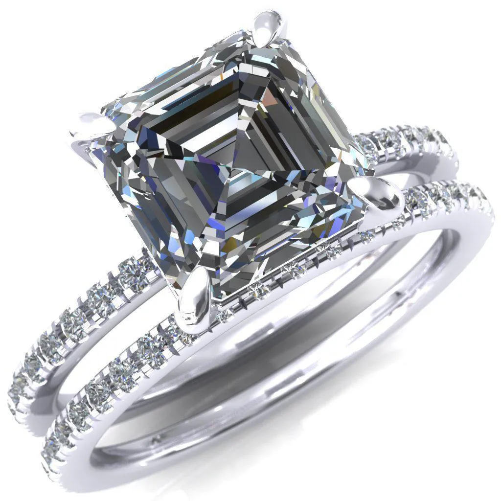 Ezili Asscher Moissanite 4 Claw Prong Micro Pave Diamond Sides Engagement Ring