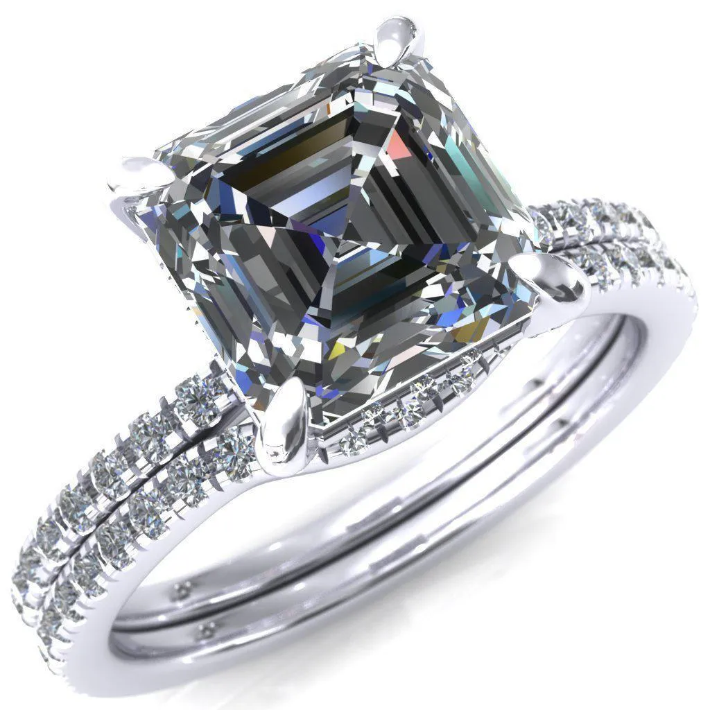 Ezili Asscher Moissanite 4 Claw Prong Micro Pave Diamond Sides Engagement Ring