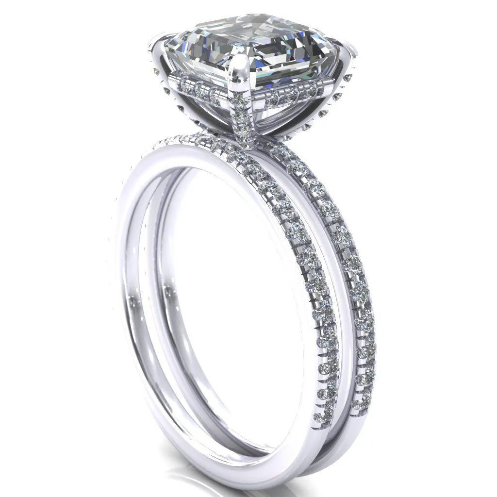 Ezili Asscher Moissanite 4 Claw Prong Micro Pave Diamond Sides Engagement Ring