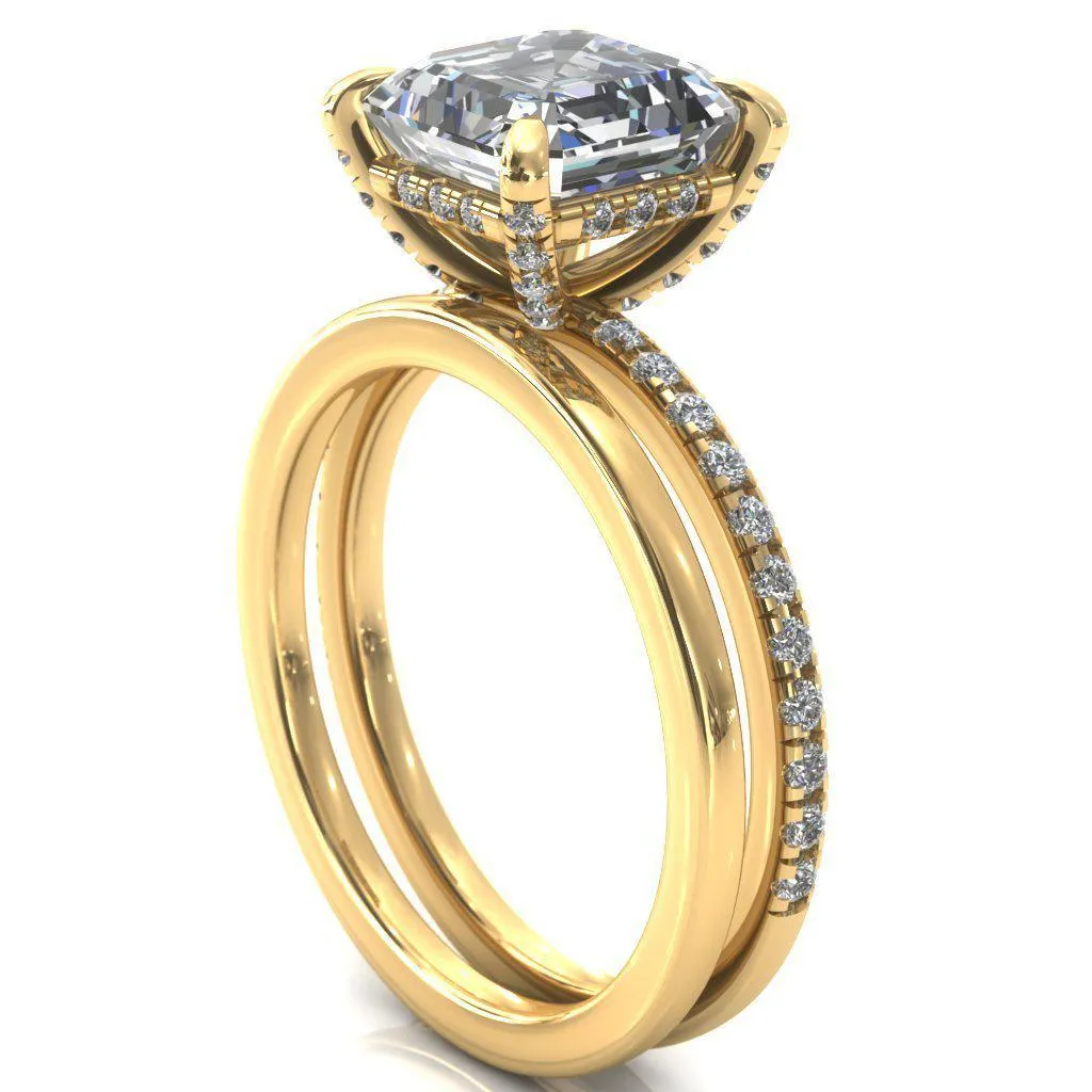 Ezili Asscher Moissanite 4 Claw Prong Micro Pave Diamond Sides Engagement Ring