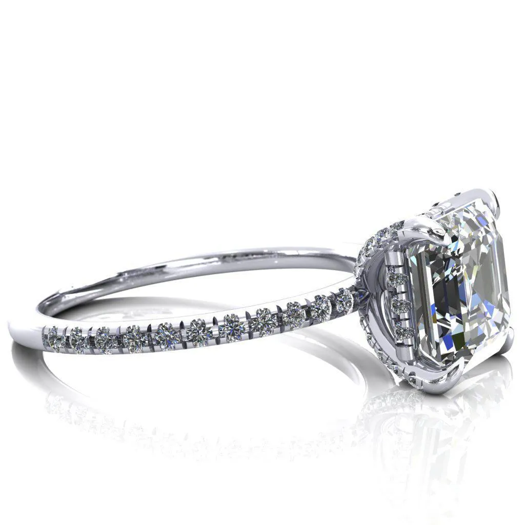 Ezili Asscher Moissanite 4 Claw Prong Micro Pave Diamond Sides Engagement Ring