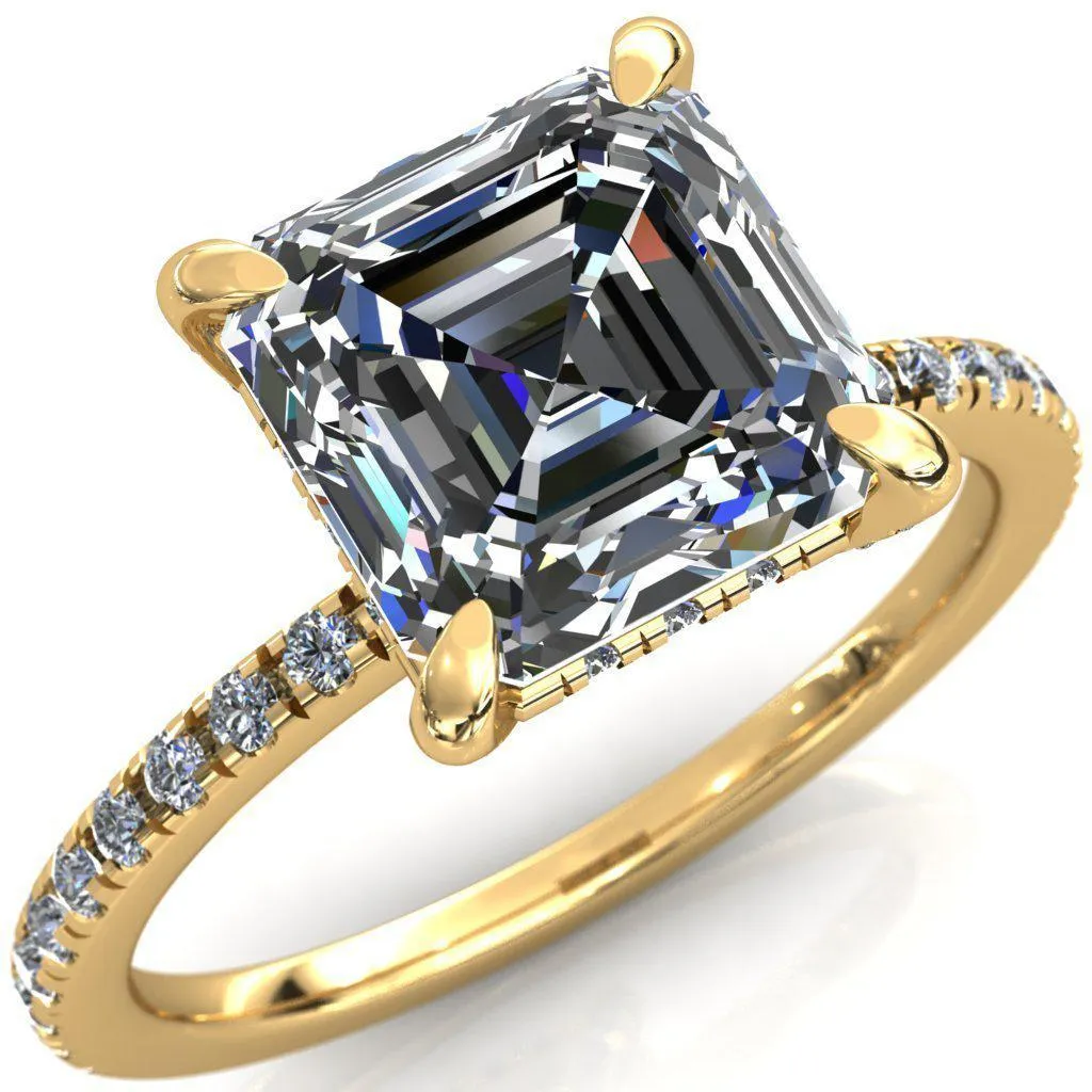 Ezili Asscher Moissanite 4 Claw Prong Micro Pave Diamond Sides Engagement Ring