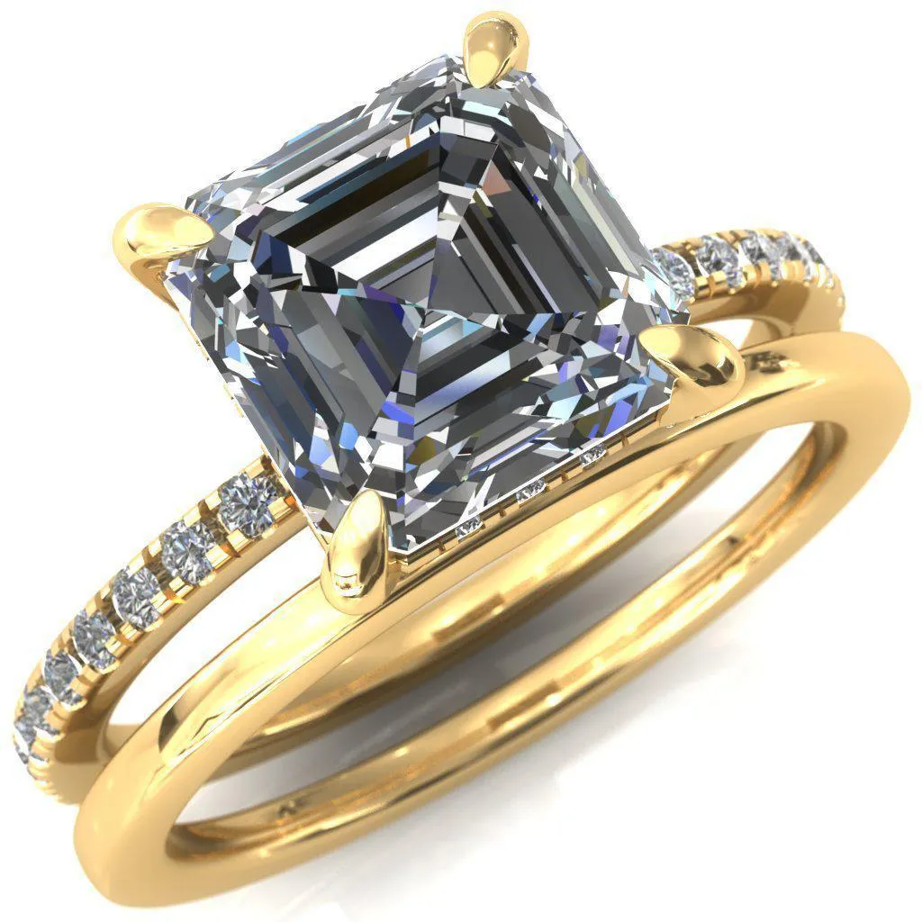 Ezili Asscher Moissanite 4 Claw Prong Micro Pave Diamond Sides Engagement Ring