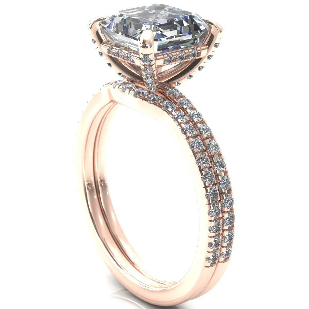Ezili Asscher Moissanite 4 Claw Prong Micro Pave Diamond Sides Engagement Ring