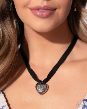Fabricated Finesse - Black - Scalloped Ribbon Silver Heart Paparazzi Short Necklace
