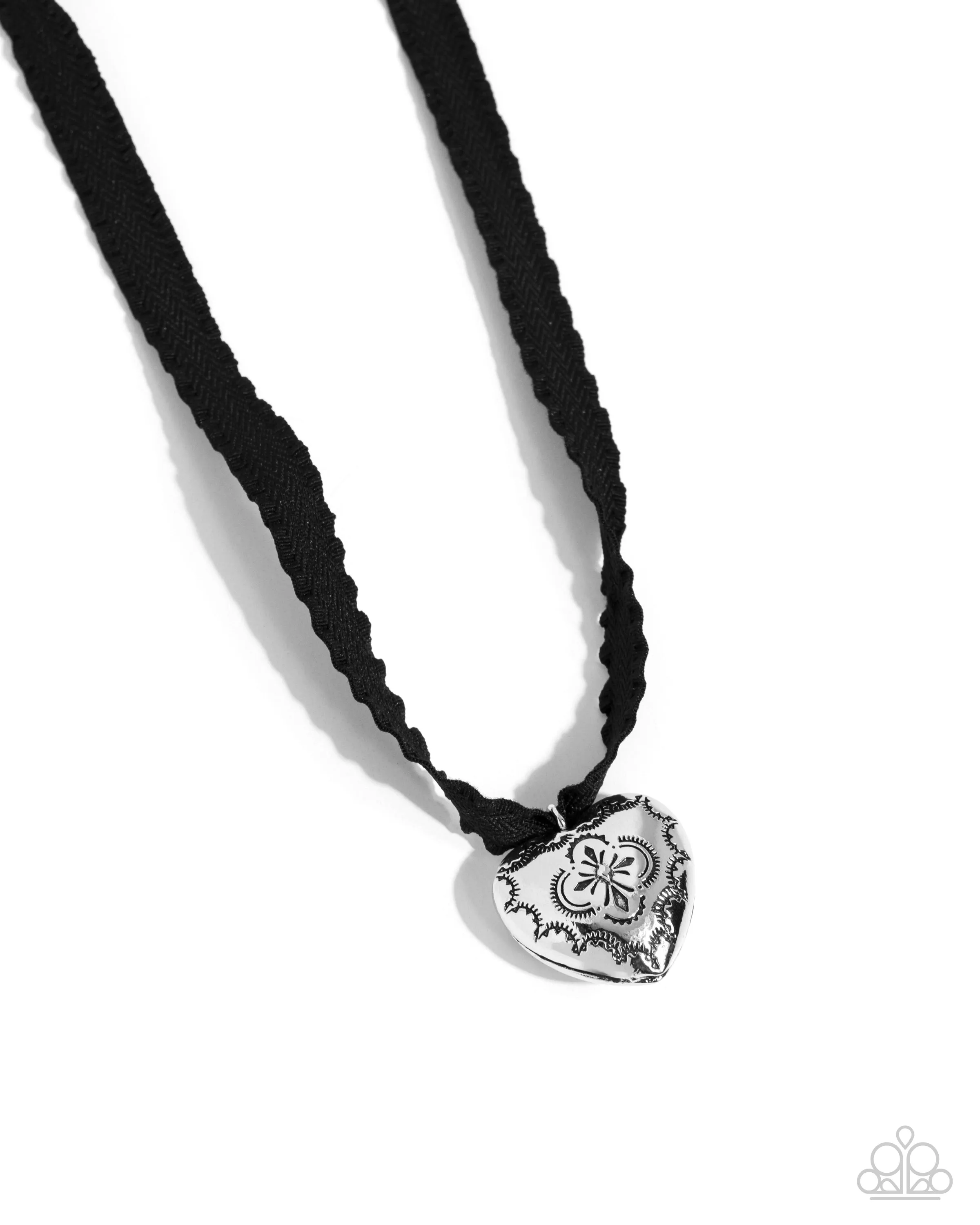 Fabricated Finesse - Black - Scalloped Ribbon Silver Heart Paparazzi Short Necklace