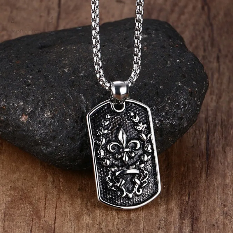 Fleur de Lys Dog Tag Pendant Necklaces for Men Fleur de Lis Lris Stainless Steel Vintage Oxidized Black Gothic Bike Jewelry