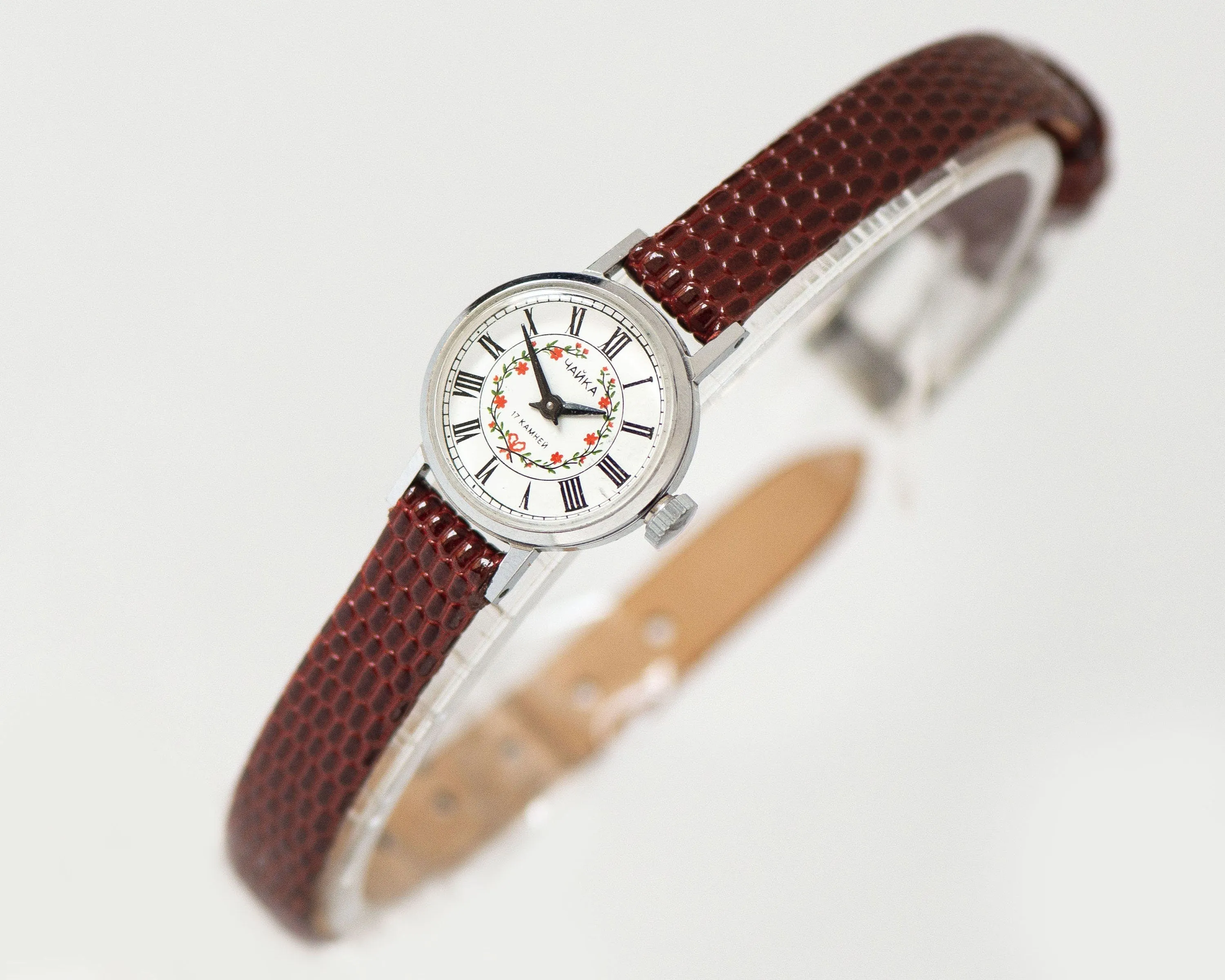 Floral women watch Seagull, red flowers micro watch silver shade, Roman numerals girl watch gift jewelry classic, new genuine leather strap