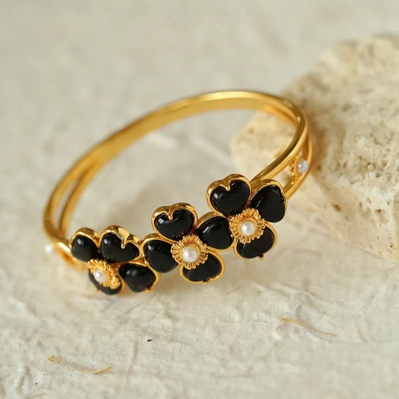 Four-leaf Clover Bangle Bracelets With Black Agate
