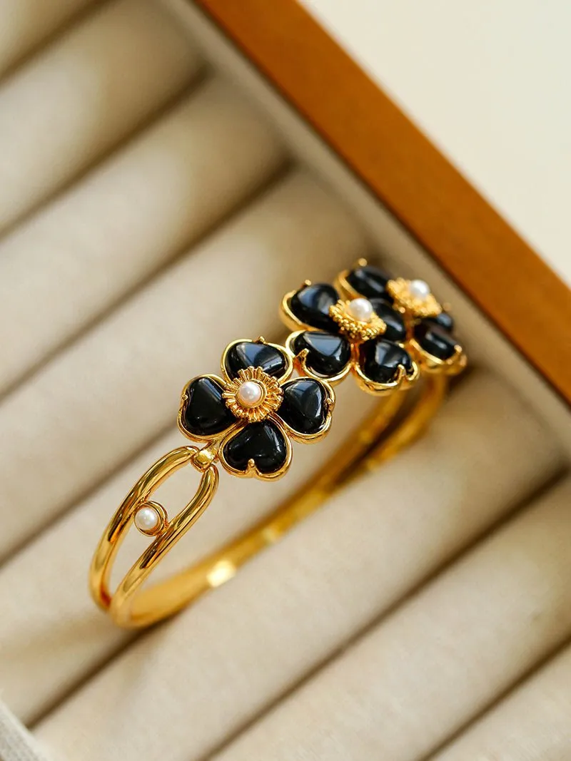 Four-leaf Clover Bangle Bracelets With Black Agate