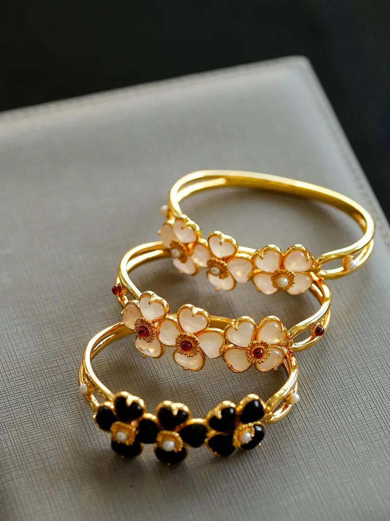 Four-leaf Clover Bangle Bracelets With Black Agate