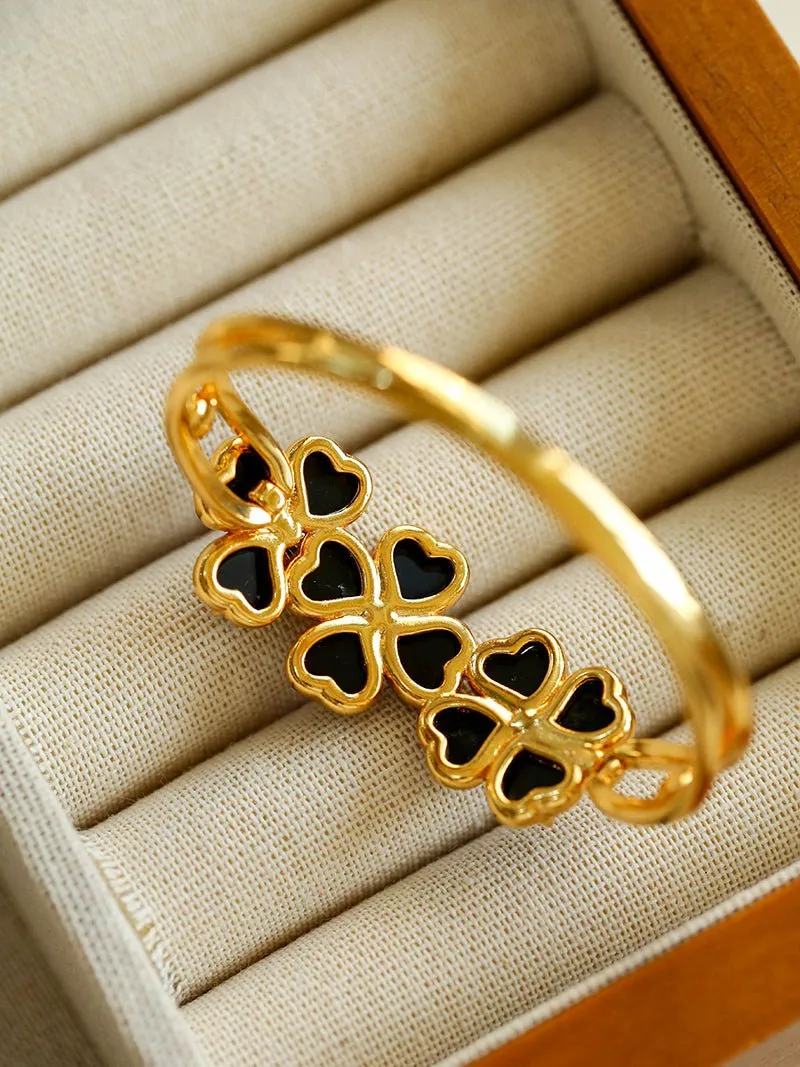 Four-leaf Clover Bangle Bracelets With Black Agate