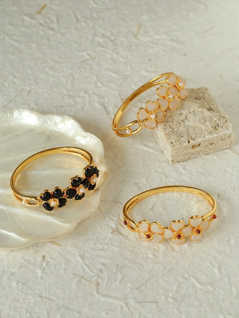 Four-leaf Clover Bangle Bracelets With Black Agate
