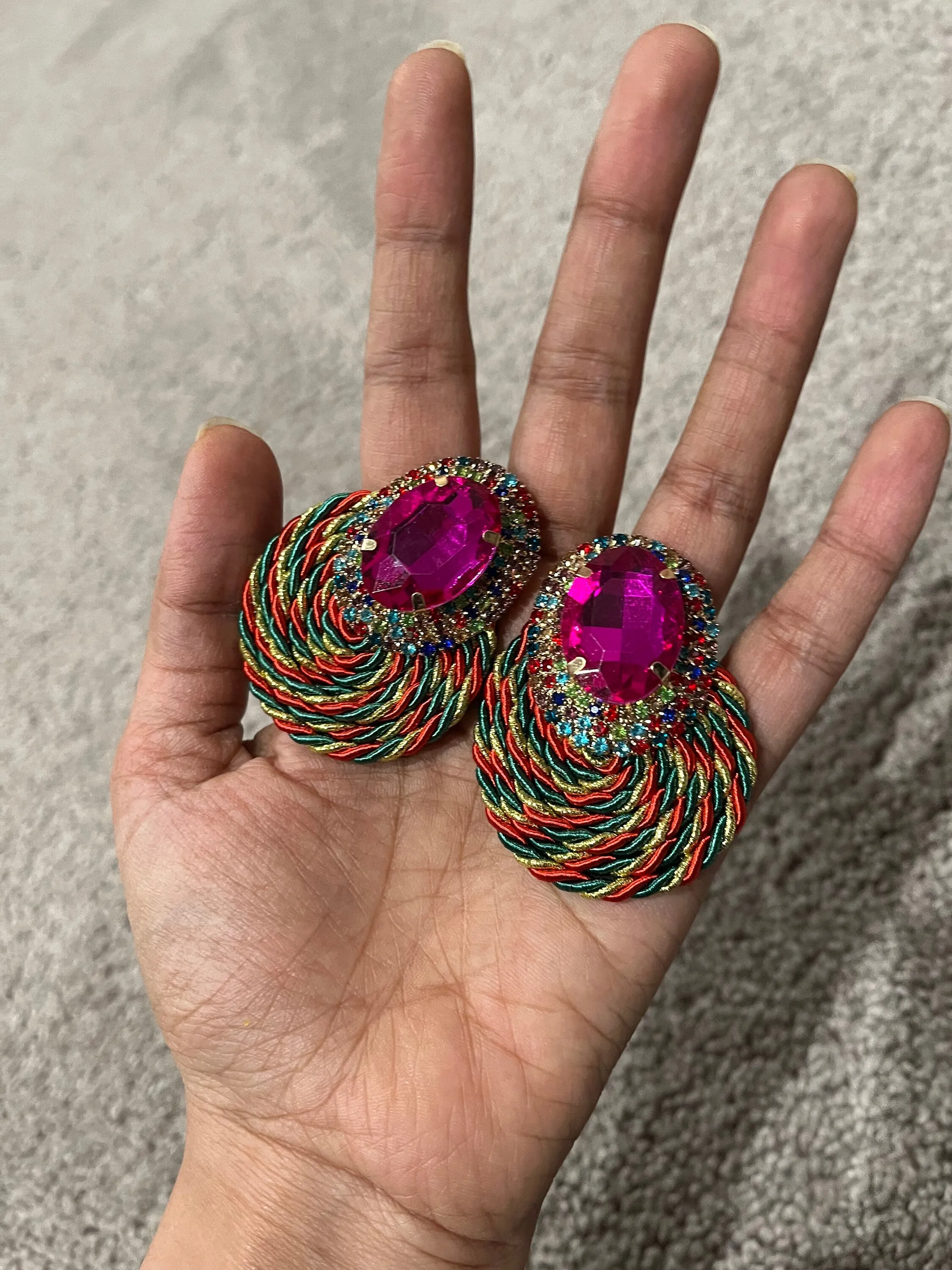 Fuchsia stud earrings , multicolor large stud earrings , large multicolored earrings , iridescent earrings , rainbow  , large pageant