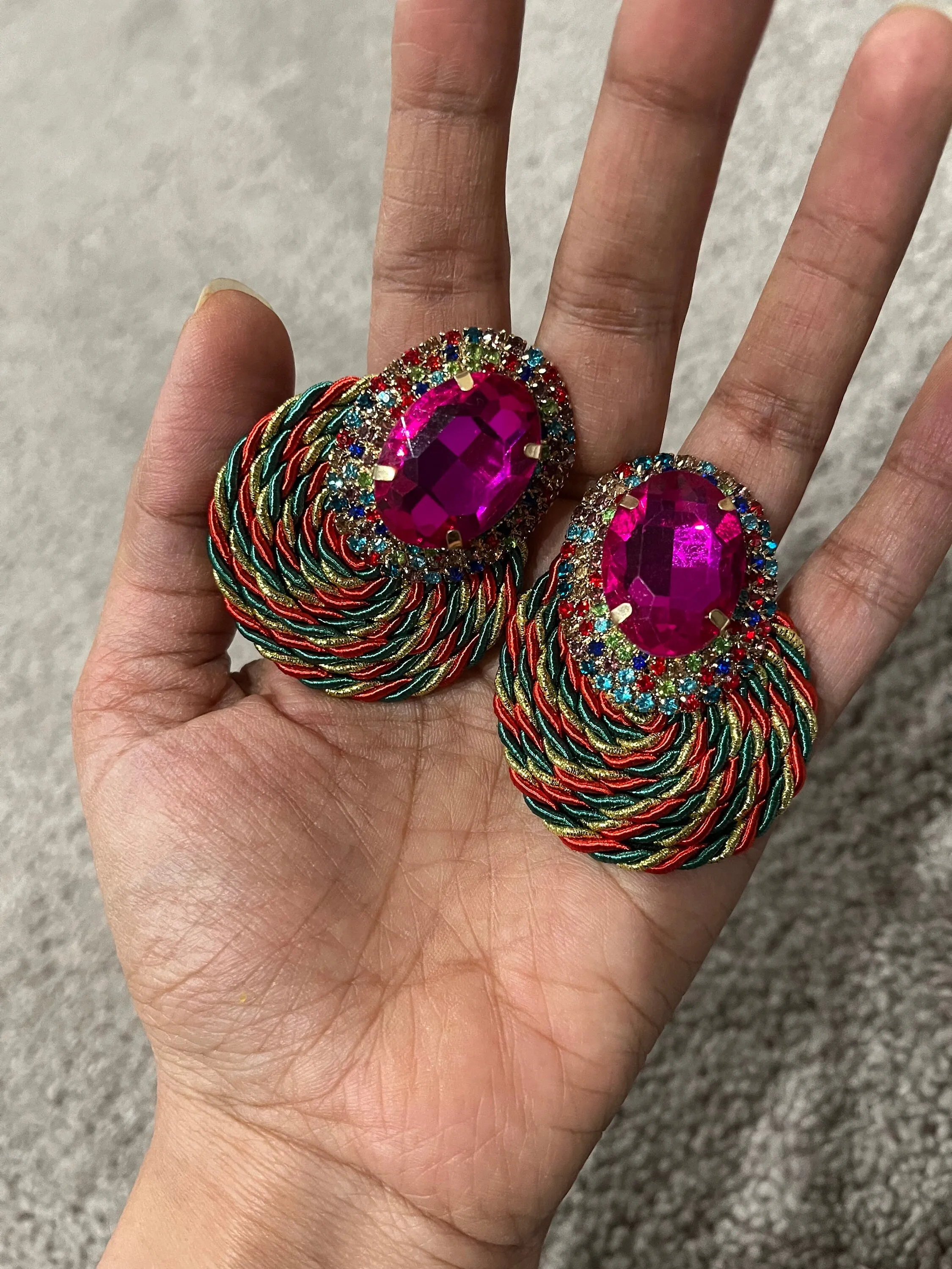 Fuchsia stud earrings , multicolor large stud earrings , large multicolored earrings , iridescent earrings , rainbow  , large pageant