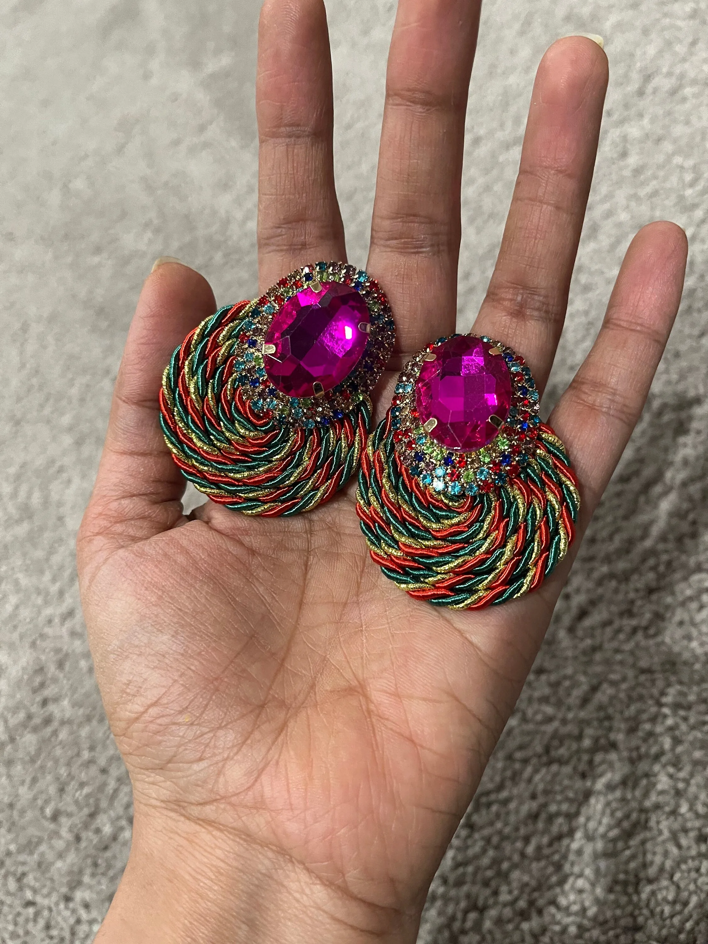 Fuchsia stud earrings , multicolor large stud earrings , large multicolored earrings , iridescent earrings , rainbow  , large pageant