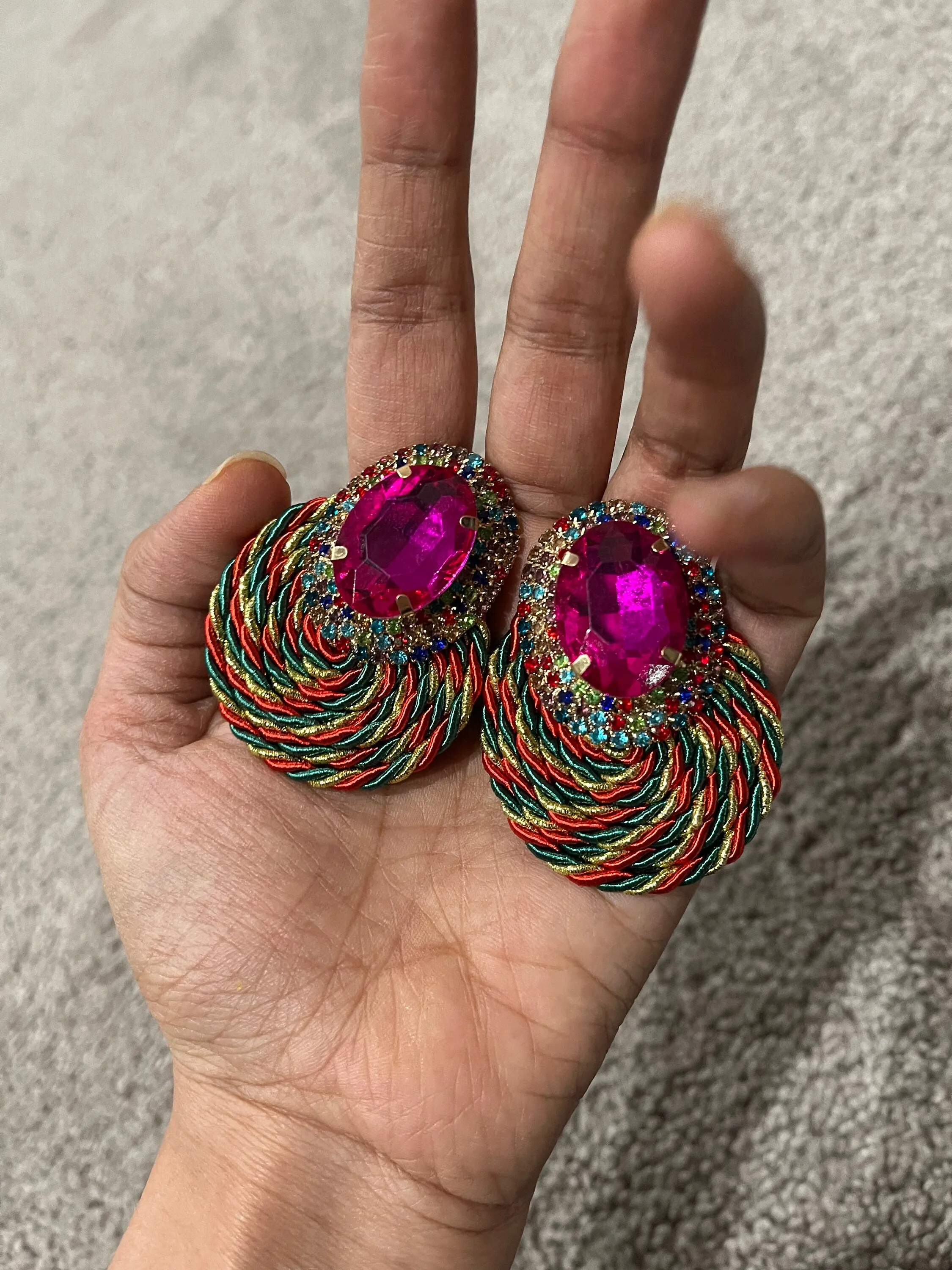 Fuchsia stud earrings , multicolor large stud earrings , large multicolored earrings , iridescent earrings , rainbow  , large pageant