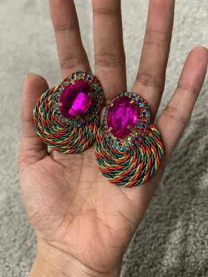 Fuchsia stud earrings , multicolor large stud earrings , large multicolored earrings , iridescent earrings , rainbow  , large pageant