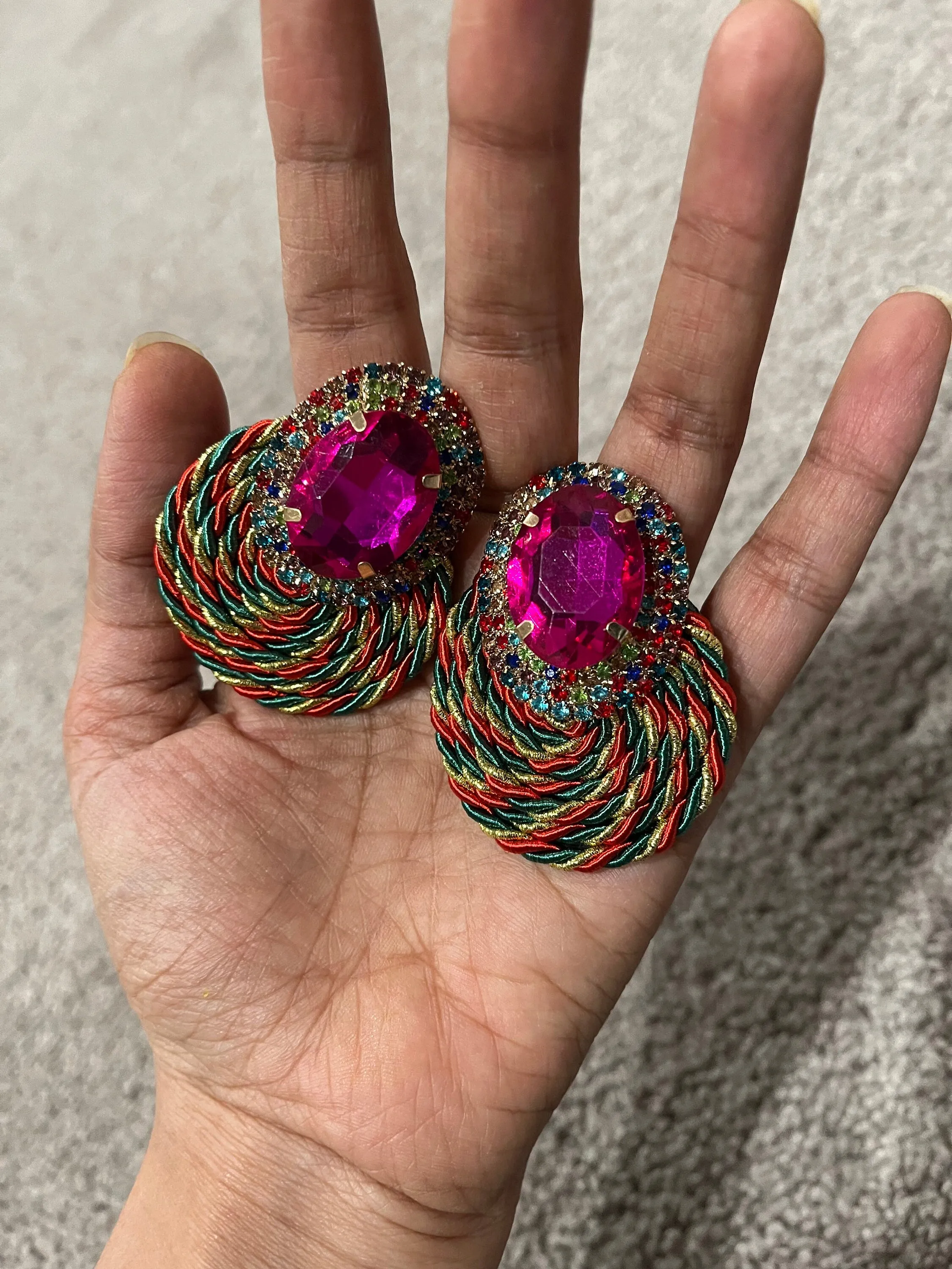 Fuchsia stud earrings , multicolor large stud earrings , large multicolored earrings , iridescent earrings , rainbow  , large pageant