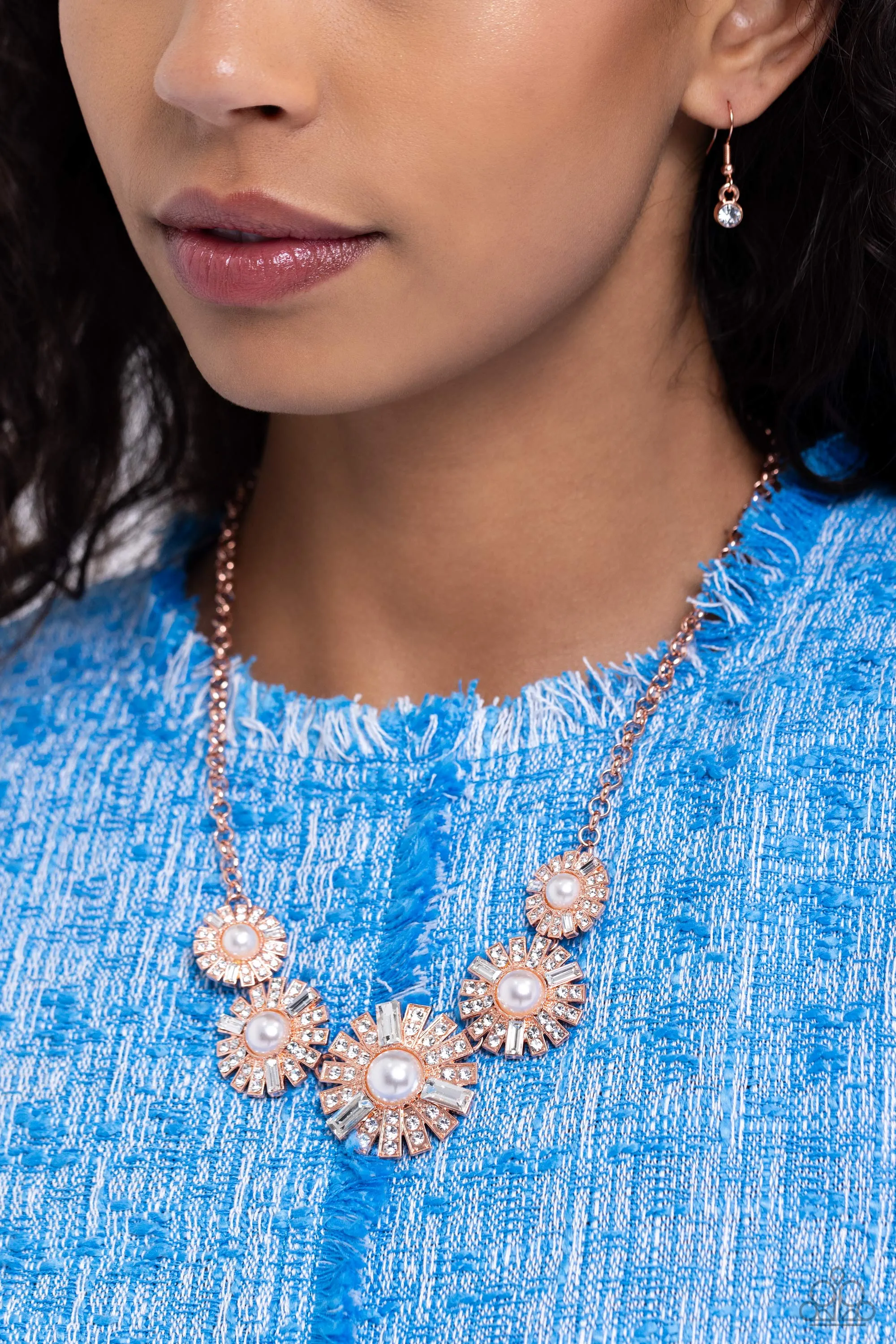 Gatsby Gallery - Copper - White Rhinestone and Pearl Center Paparazzi Short Necklace