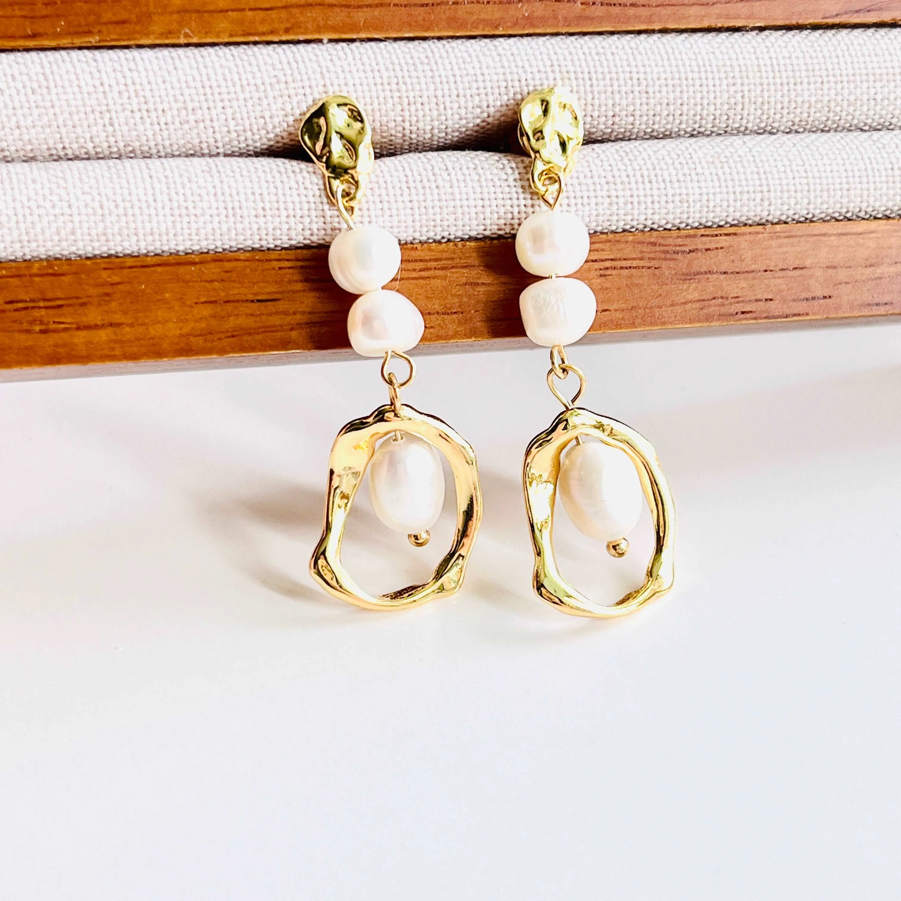 Geometric Long Freshwater Pearl Drop Earrings