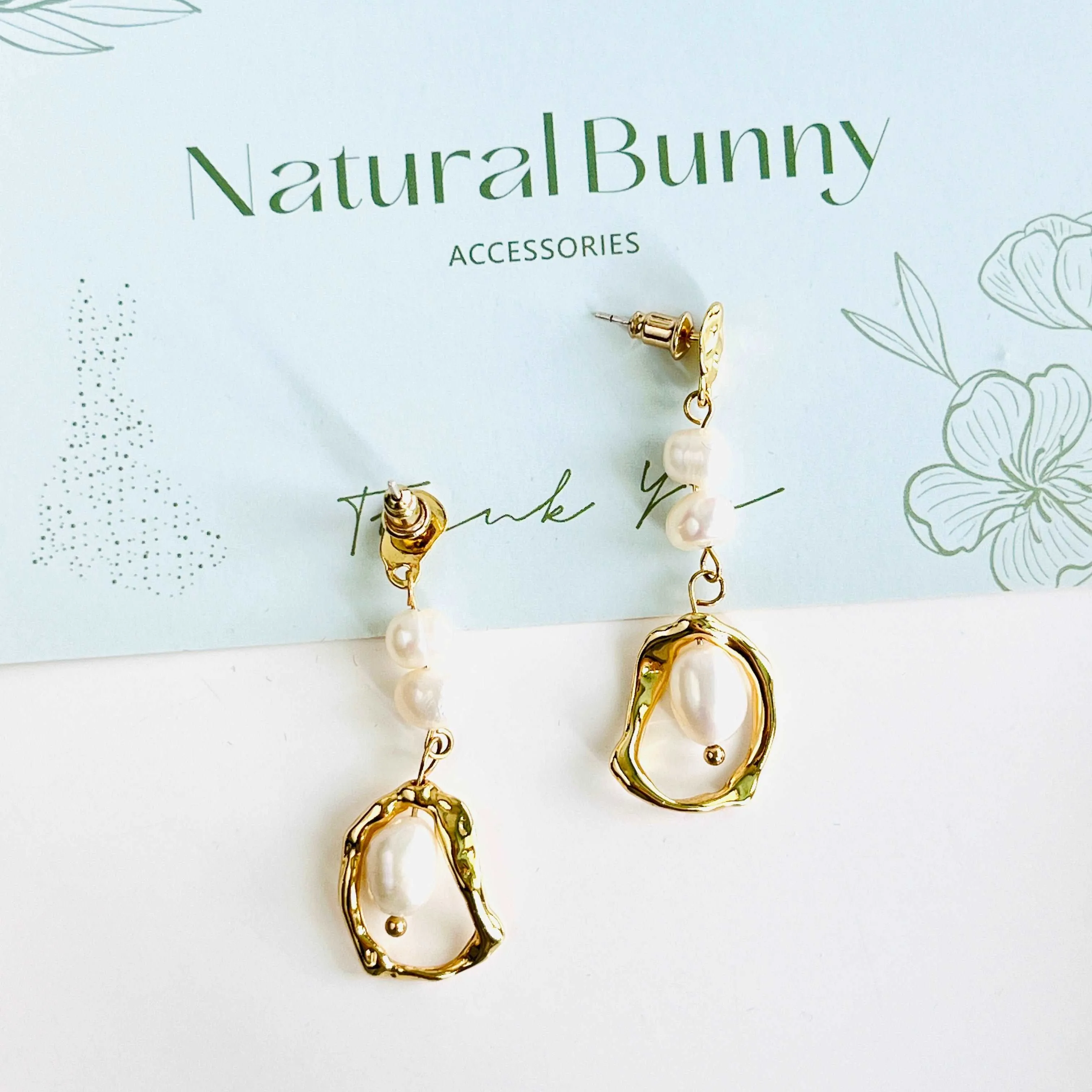 Geometric Long Freshwater Pearl Drop Earrings