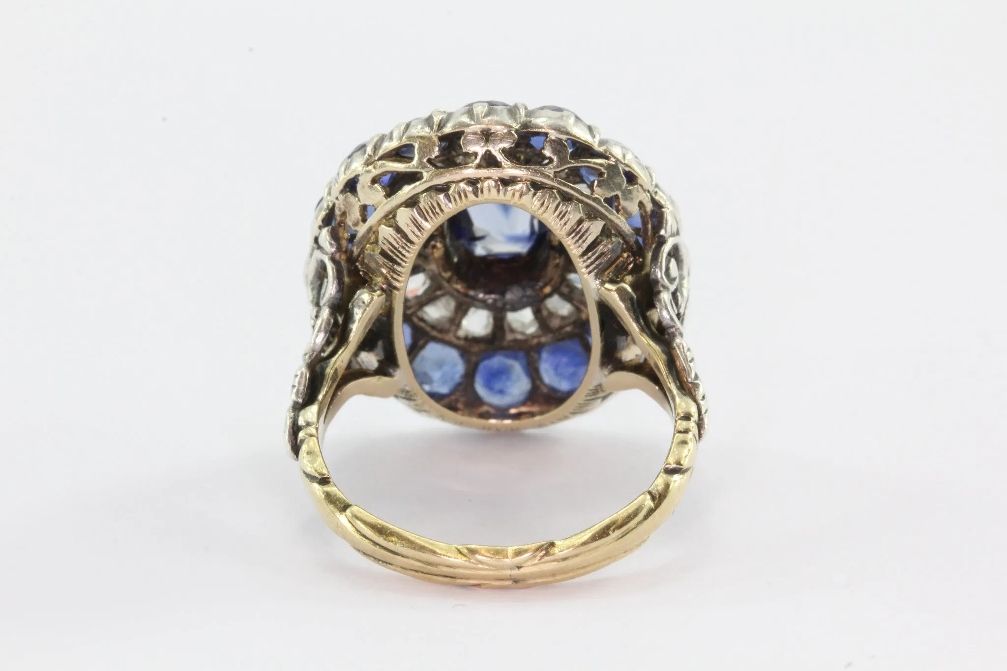 Georgian 18K Gold Silver Top Blue Sapphire Rose Cut Diamond Ring
