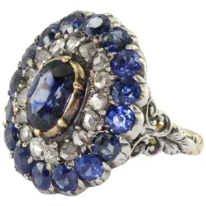 Georgian 18K Gold Silver Top Blue Sapphire Rose Cut Diamond Ring