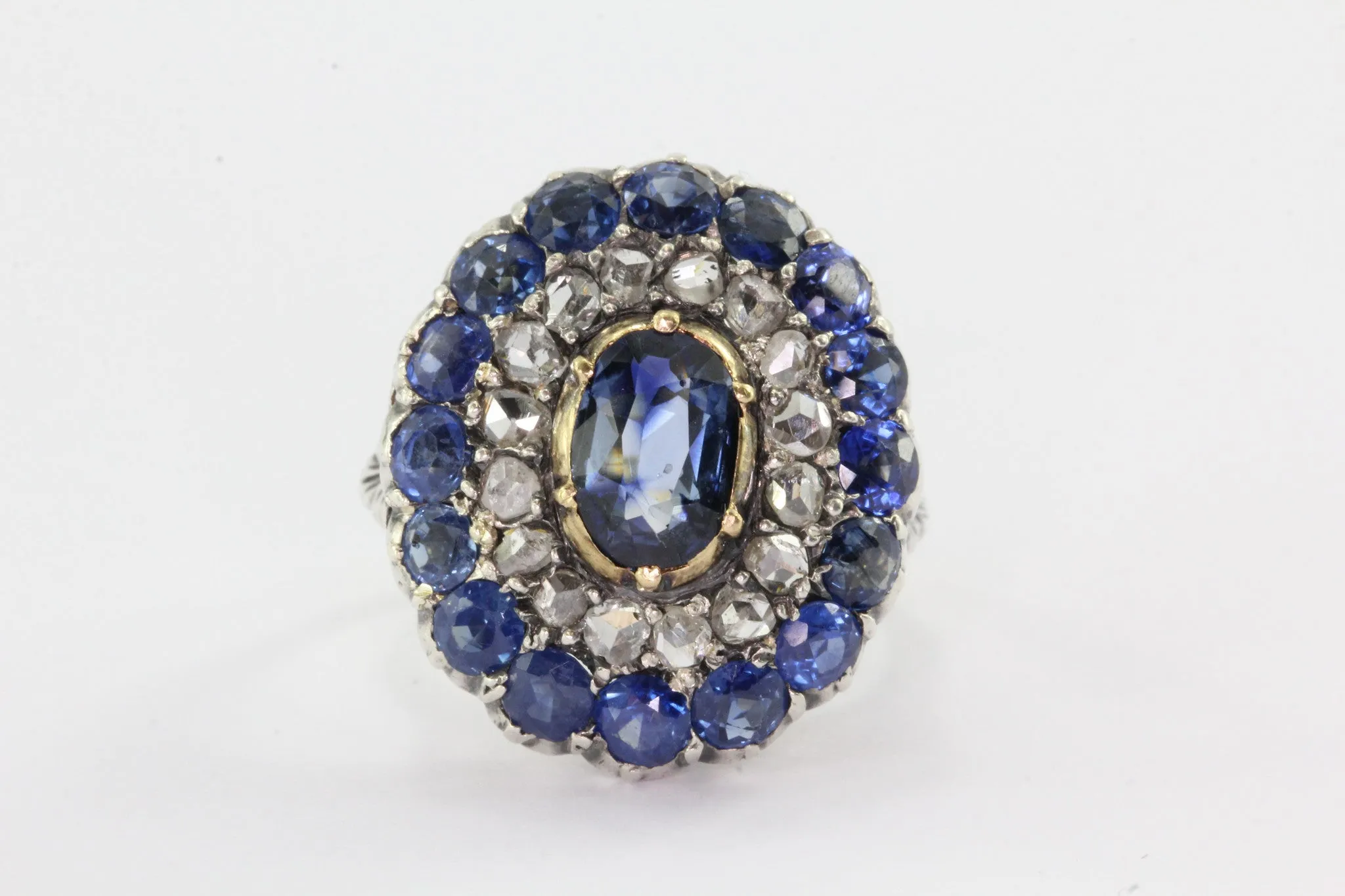 Georgian 18K Gold Silver Top Blue Sapphire Rose Cut Diamond Ring