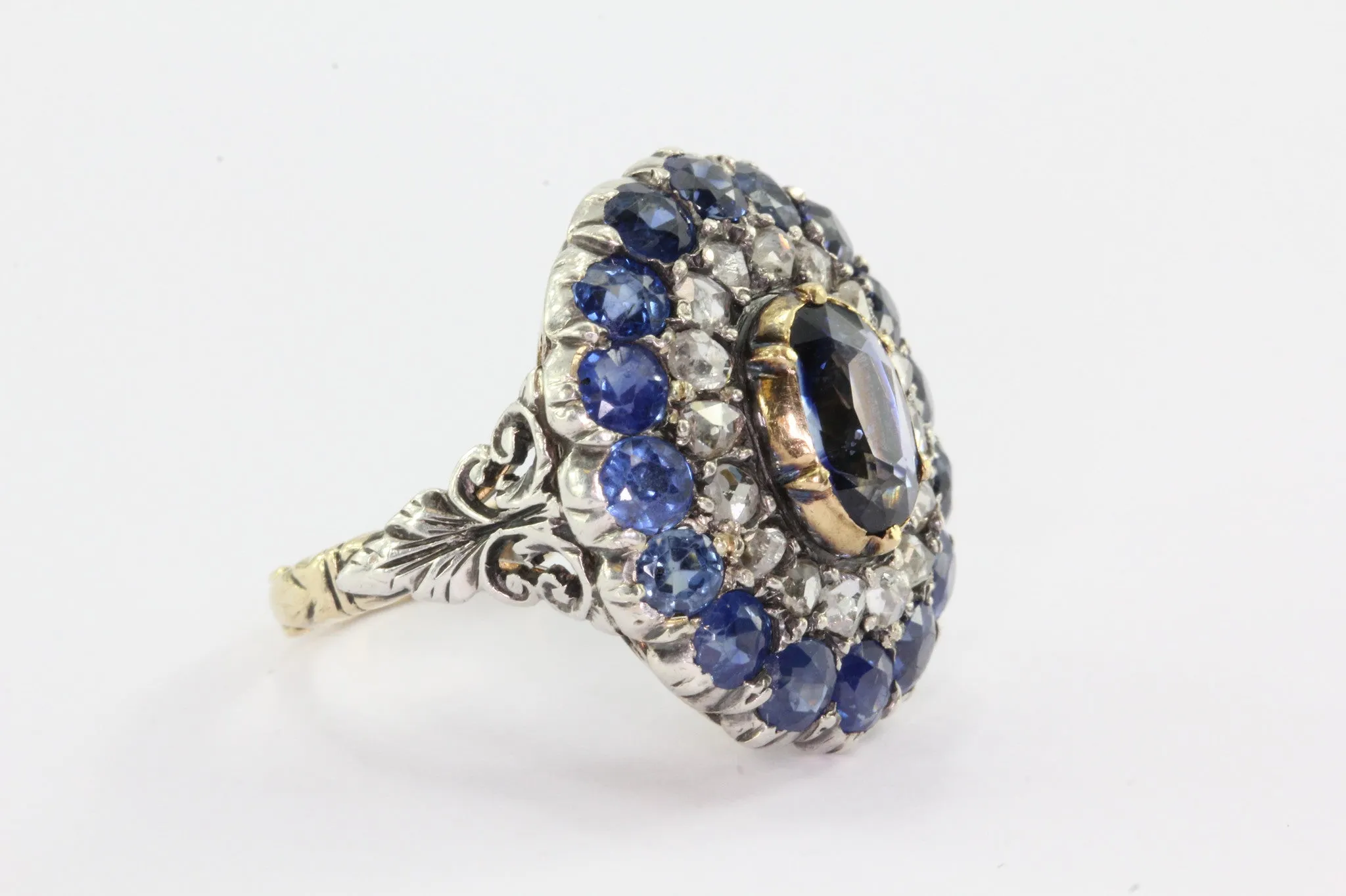 Georgian 18K Gold Silver Top Blue Sapphire Rose Cut Diamond Ring